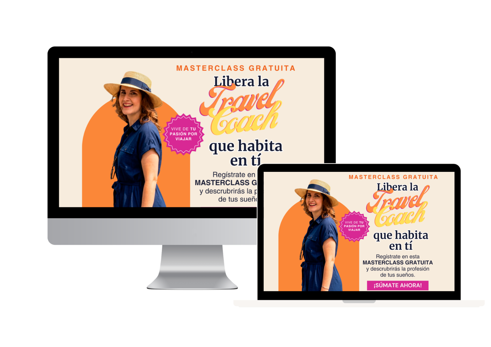 Mockup de la masterclass en computadora y laptop
